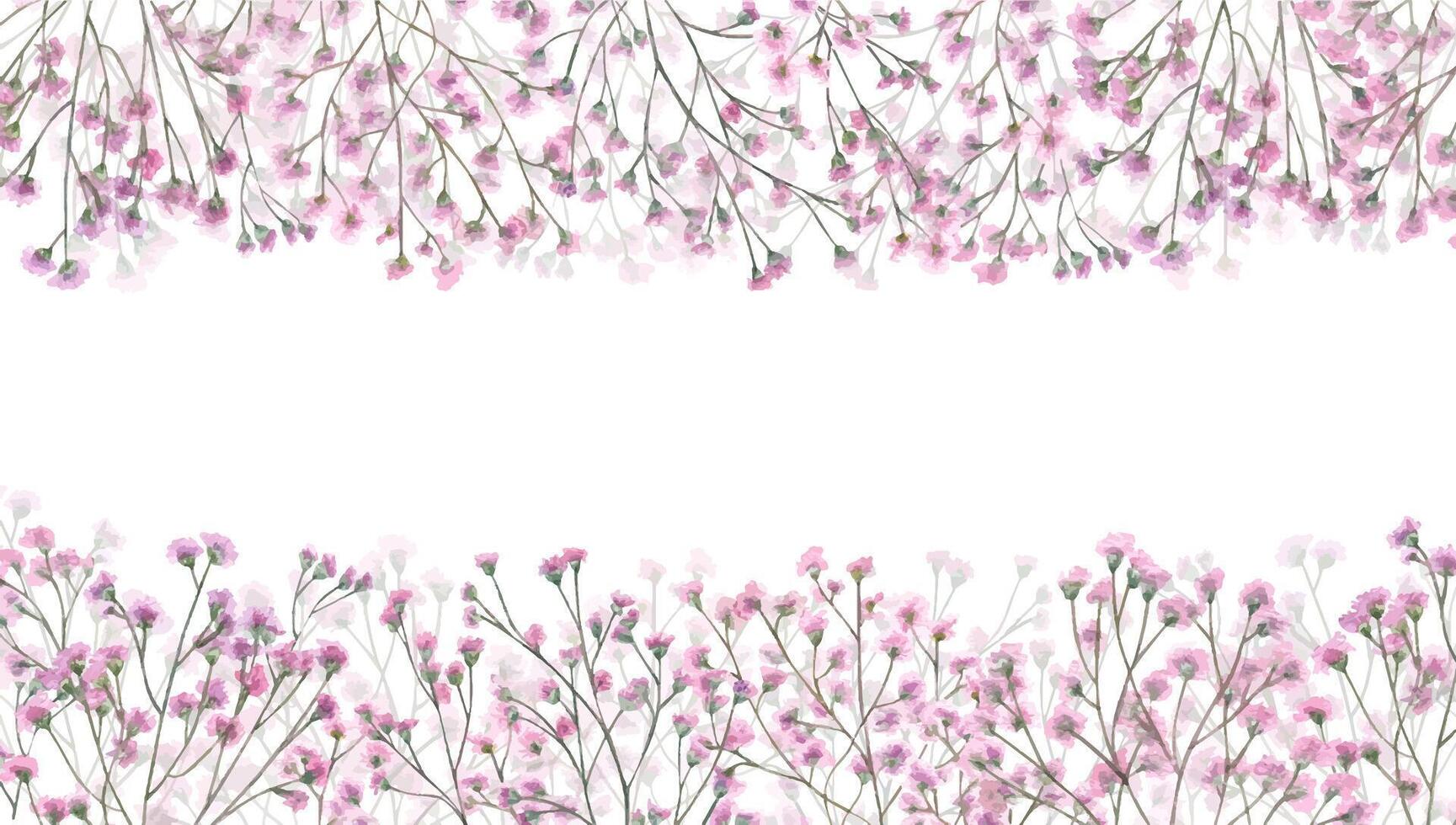 Pink gypsophila watercolor horizontal frame isolated background. Hand painted baby breath flowers border with blank ty space for text. For wedding invitations, romantic greeting cards vector