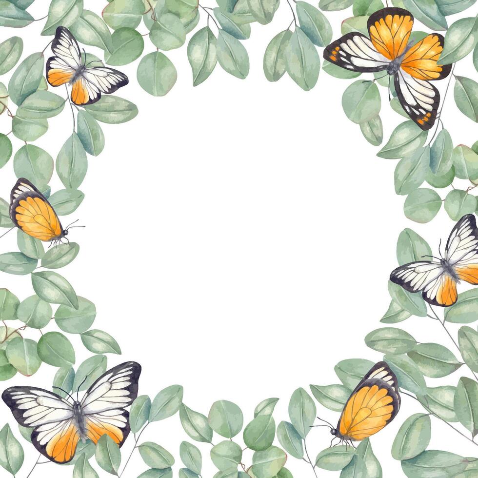Watercolor square frame of eucalyptus branches with butterflies isolated background. Tropical greenery and insects illustration for wedding invitations, birthday greeting cads, packaging vector