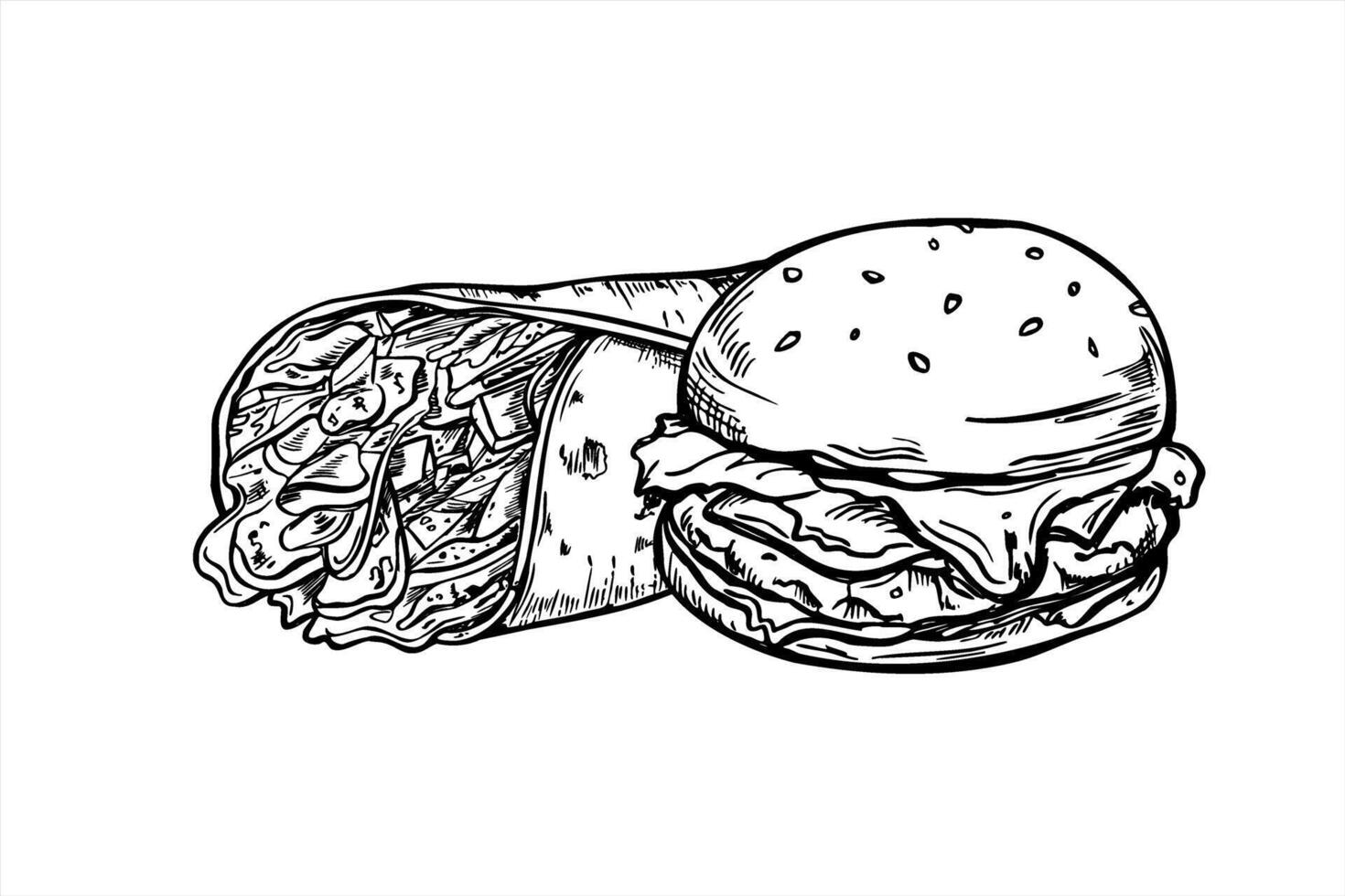 Monochrome sesame burger and flour tortilla wraps with vegetables, grilled meat, salad leaves illustration painted by black inks. Etching drawing of classic homemade sandwich. vector