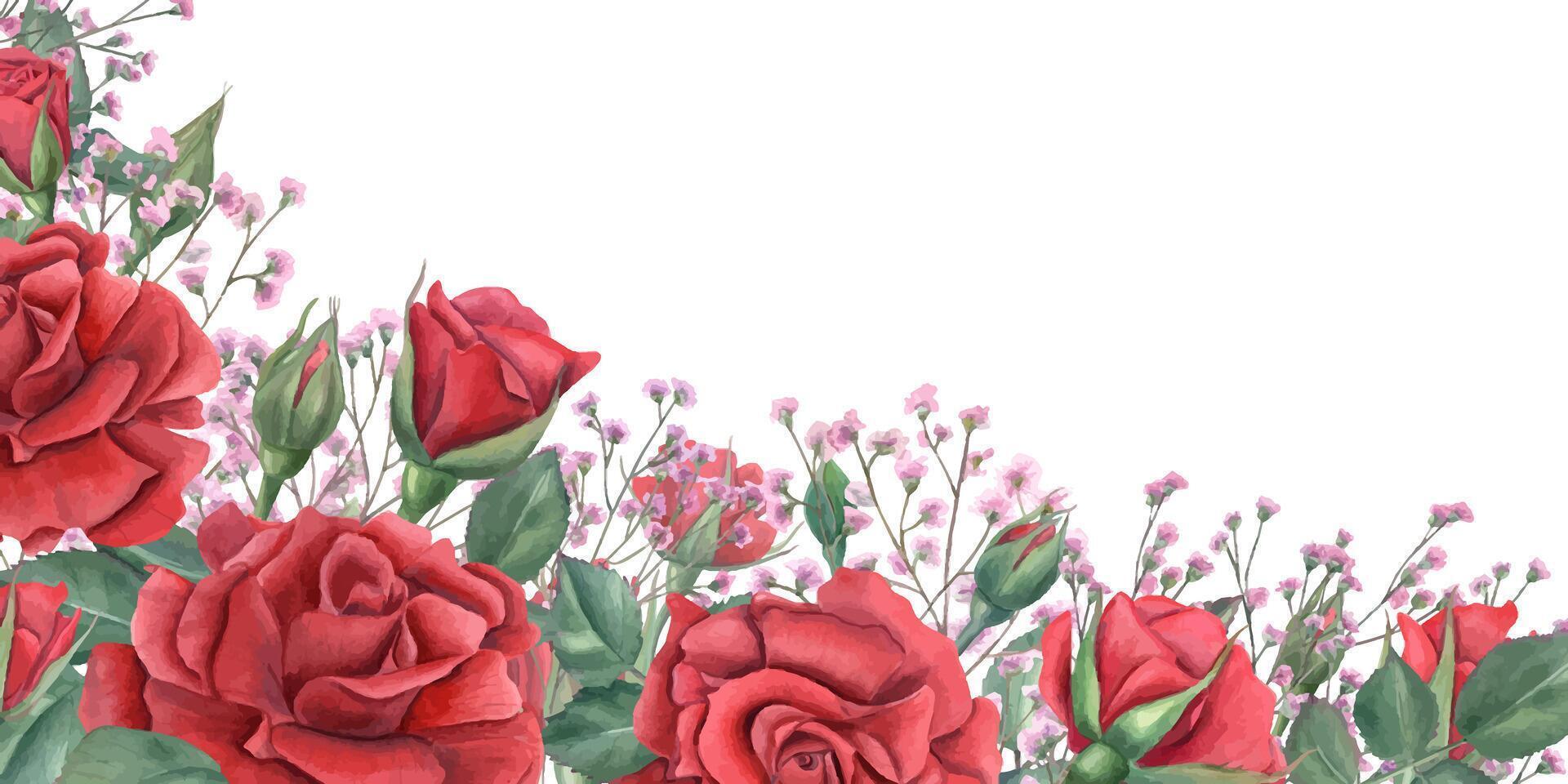Watercolor floral rectangular frame with red roses, pink gypsophila and green leaves with blank space for text. Floral illustration for wedding invitation, certificate, romantic card and announcement. vector