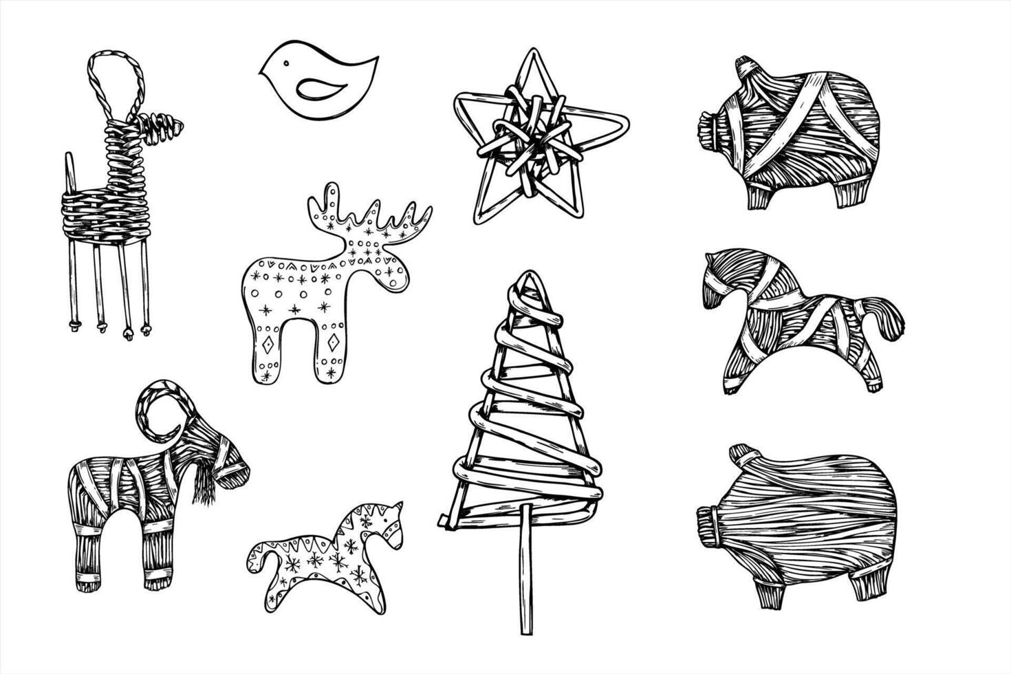 Wicker and straw animals illustration clip art painted by black inks. Scandinavian Yule traditional moose, pig, deer, goat clip art. Xmas wooden toys graphic sketch for Nordic holiday decor vector