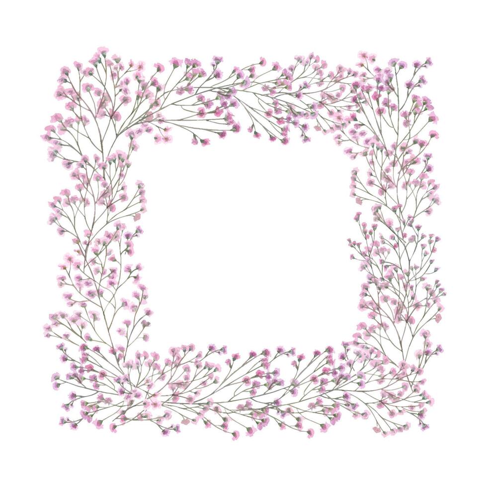 Romantic square watercolor frame with delicate pink gypsophila flowers isolated background. Hand painted baby breath flowers border with text empty space. For wedding invitation, love note, stationery vector
