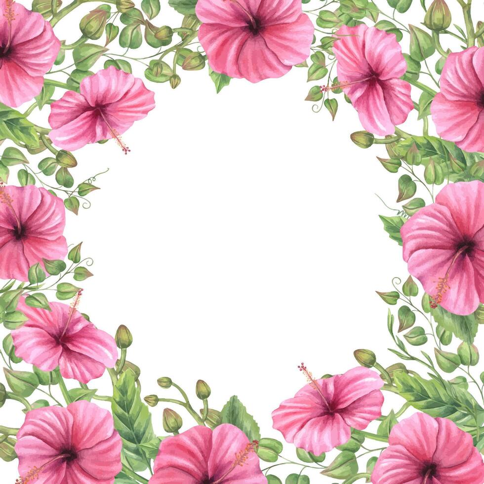 Pink hibiscus flower frame illustration vector