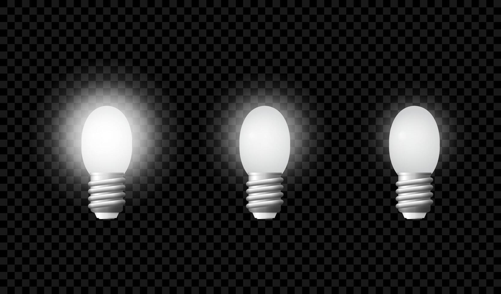 Light bulbs showing different light intensities, from very bright to almost off, isolated on dark background, concepts of energy saving and electricity cost vector