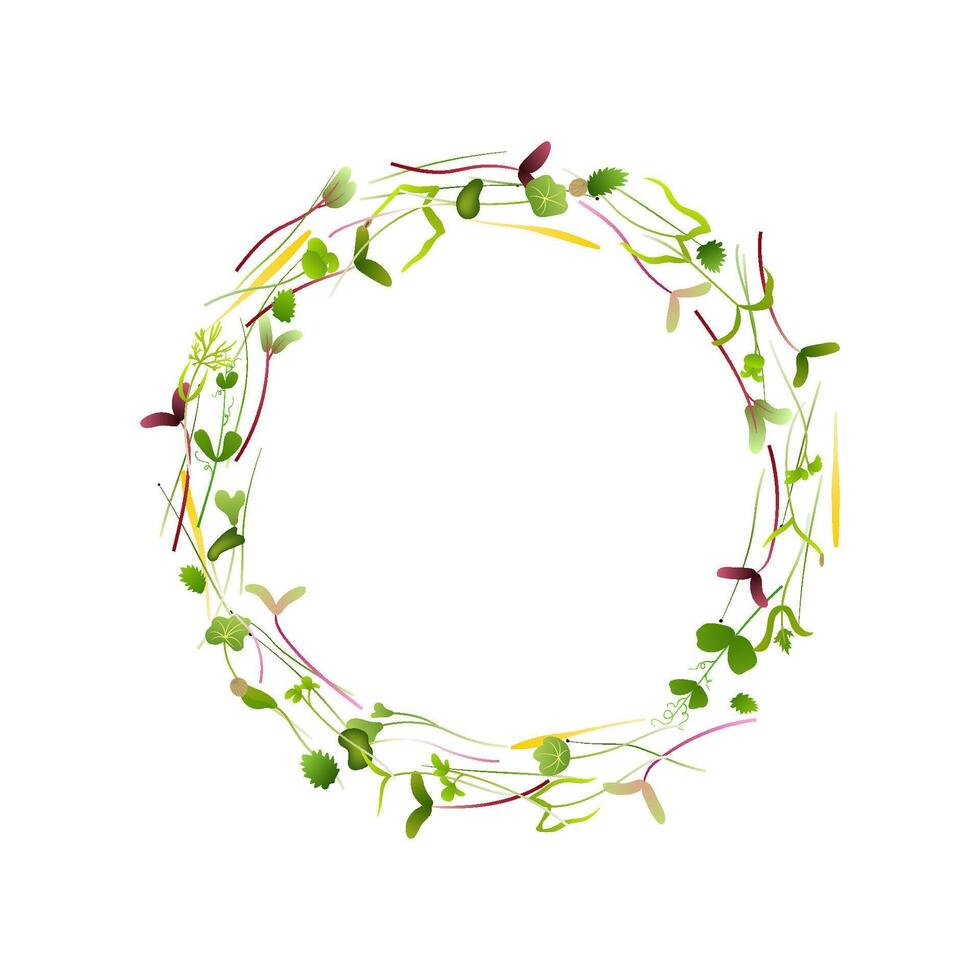 Different microgreens are arranged in a circle, creating a vibrant and natural frame on a clean white background, ideal for health, food, and wellness concepts vector