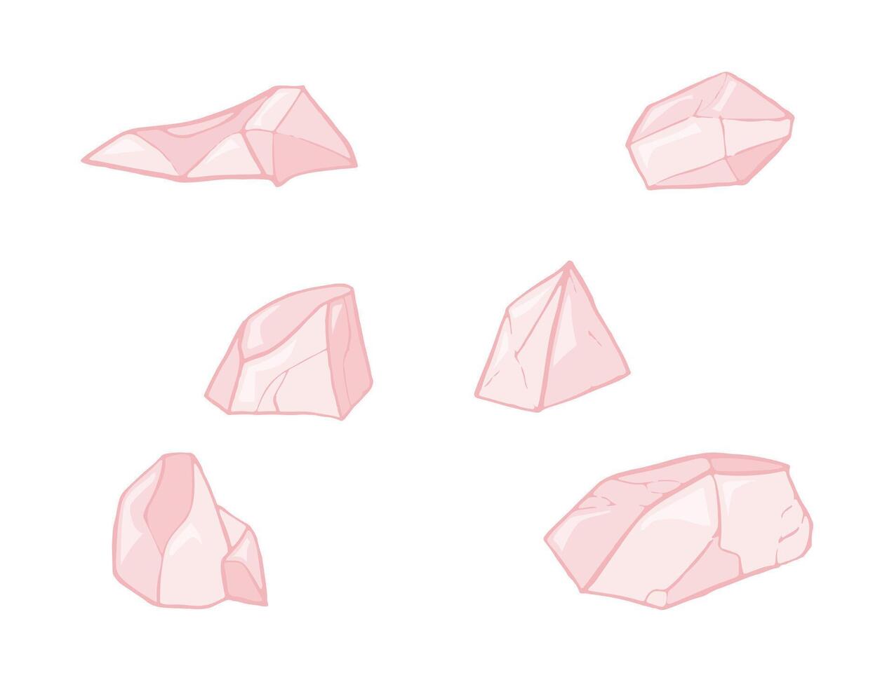 Six distinct pink salt crystals, varying in shape and size, create a captivating illustration of mineral diversity against a clean white backdrop vector