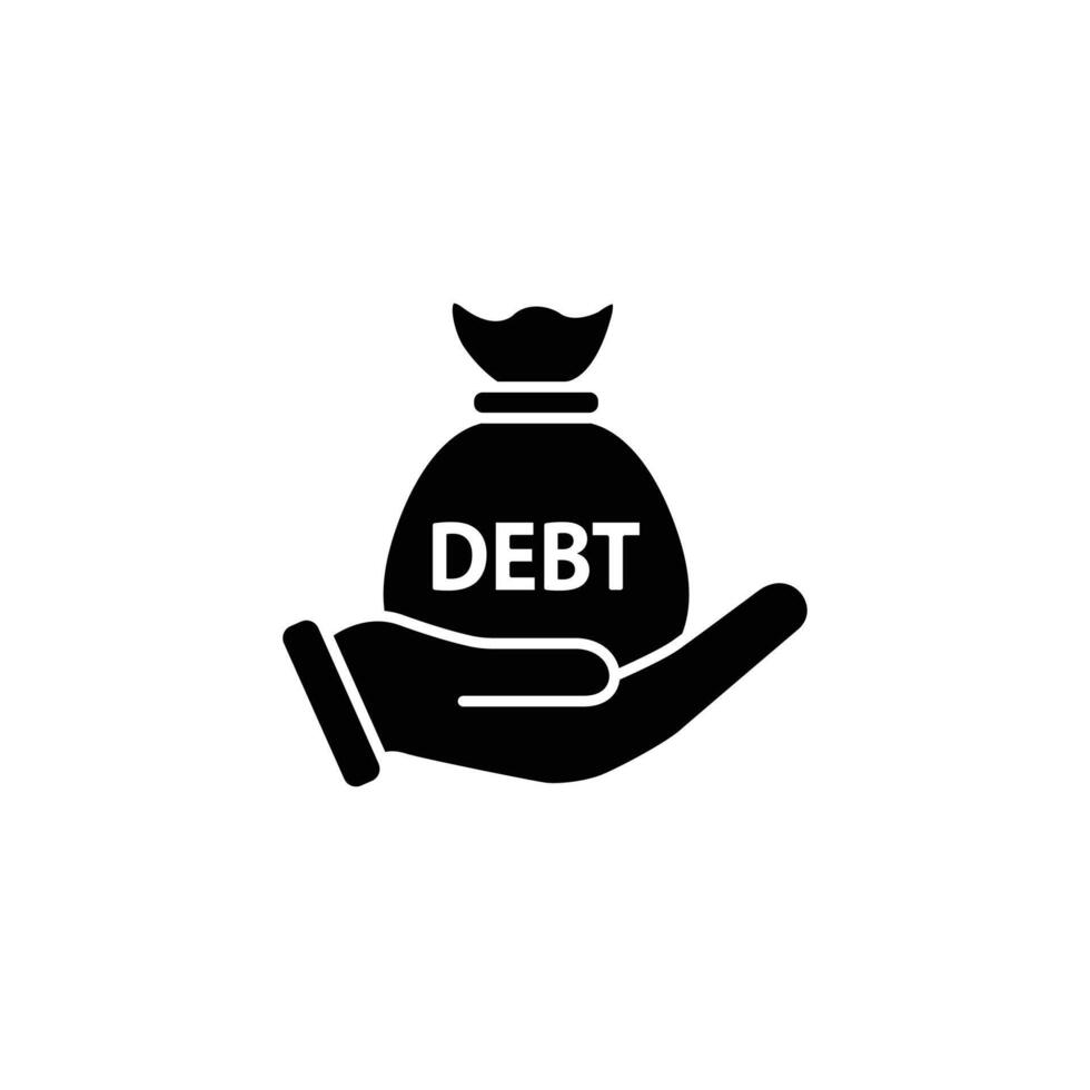 Black and white illustration of a hand holding a money bag with the word 'DEBT' on it. vector