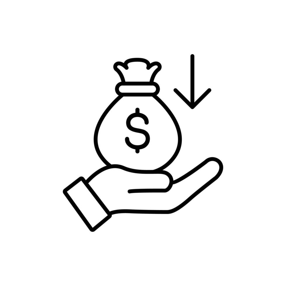 Line art icon depicting a hand holding a money bag with a downward arrow, symbolizing decreasing income or financial loss. vector