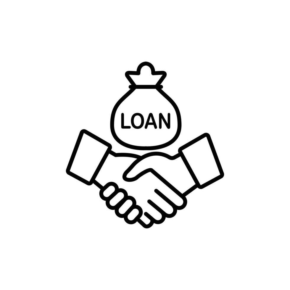 Icon depicting a handshake with a money bag labeled 'loan', representing a financial agreement. vector