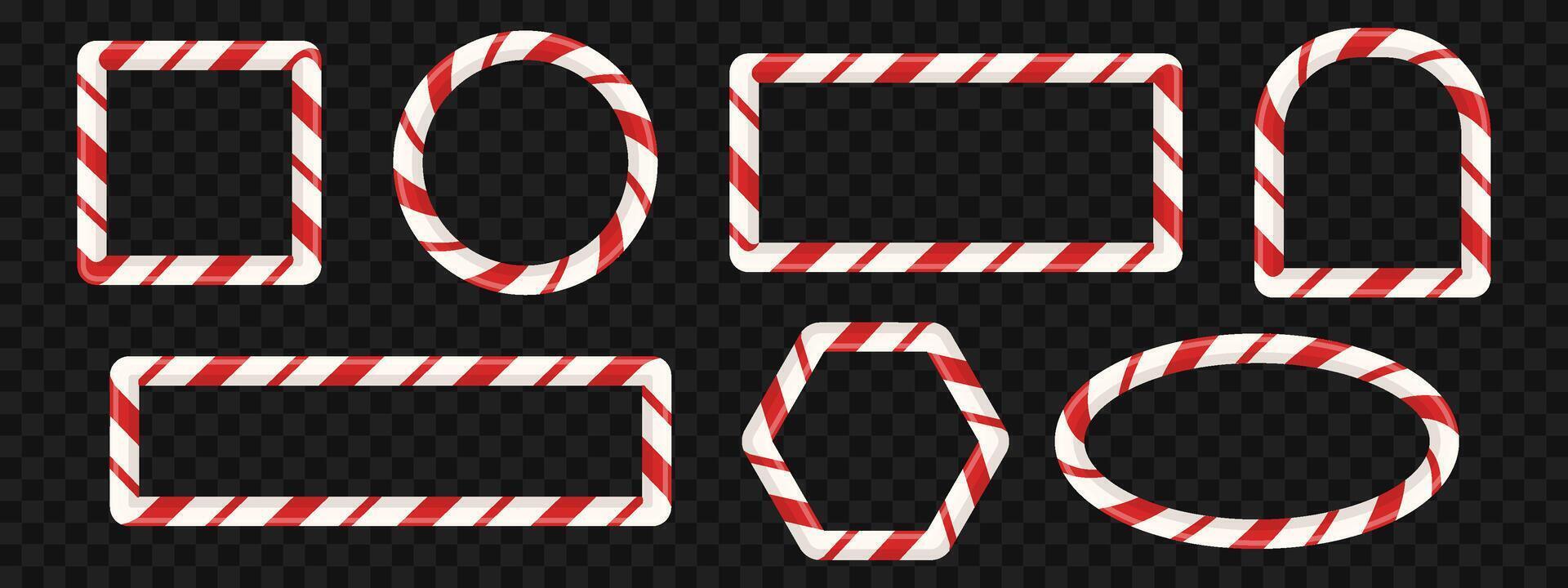 Realistic set of candy cane style frames. Round, square, and oval borders with red and white stripes. Striped elements for cards, banners, or photo templates. illustration on a black background vector