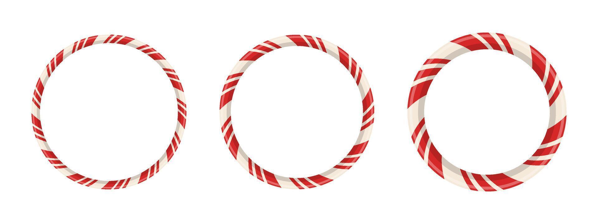 3 sweet holiday round frame elements with vintage swirl candycane shape for photo or card. banner with red cane pattern and white festive background. vector
