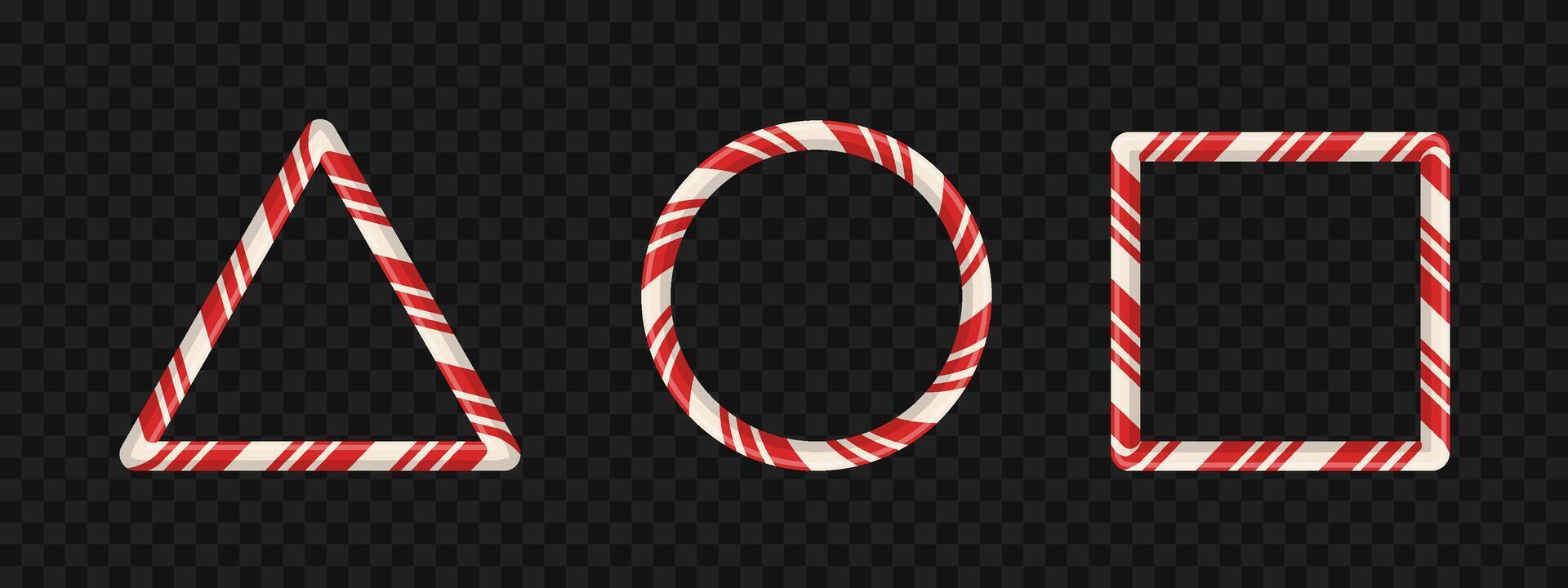 Red striped candy stick border with cute cartoon design for decoration or text. Oval, rectangle, and triangle frame in 3D style for xmas or new year. . vector