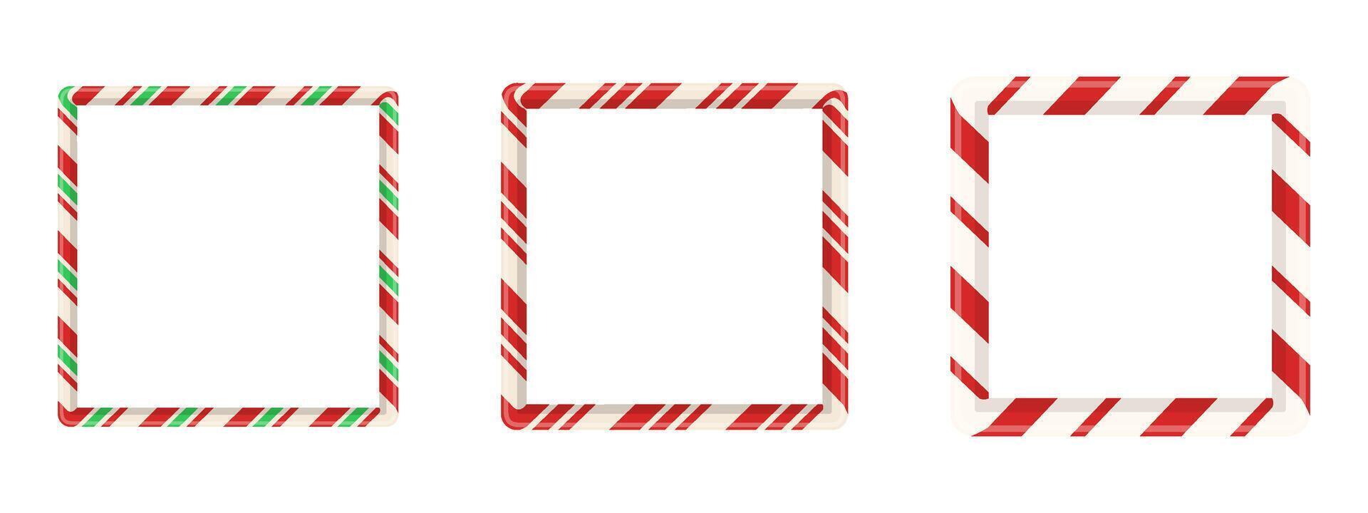 Christmas ornament frames with square candy pattern for banner or decor. Isolated 3D design for holiday card with stripe and cane. vector