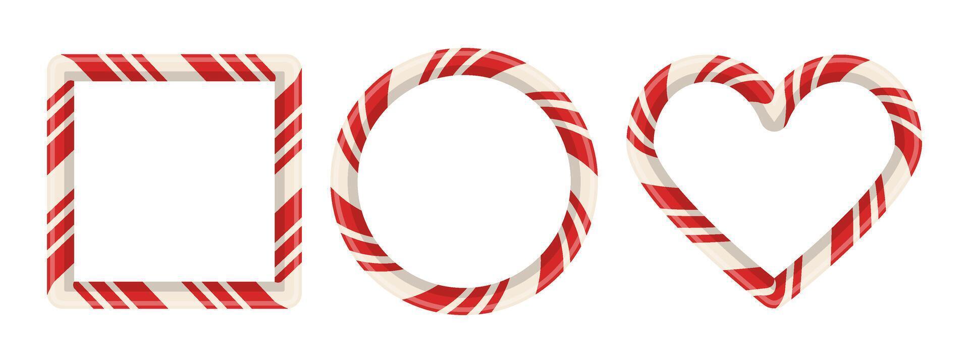 Candy cane frame set with red stripe pattern for xmas card or holiday photo. 3D border design with sweet oval, heart and rectangle shape. banner. vector