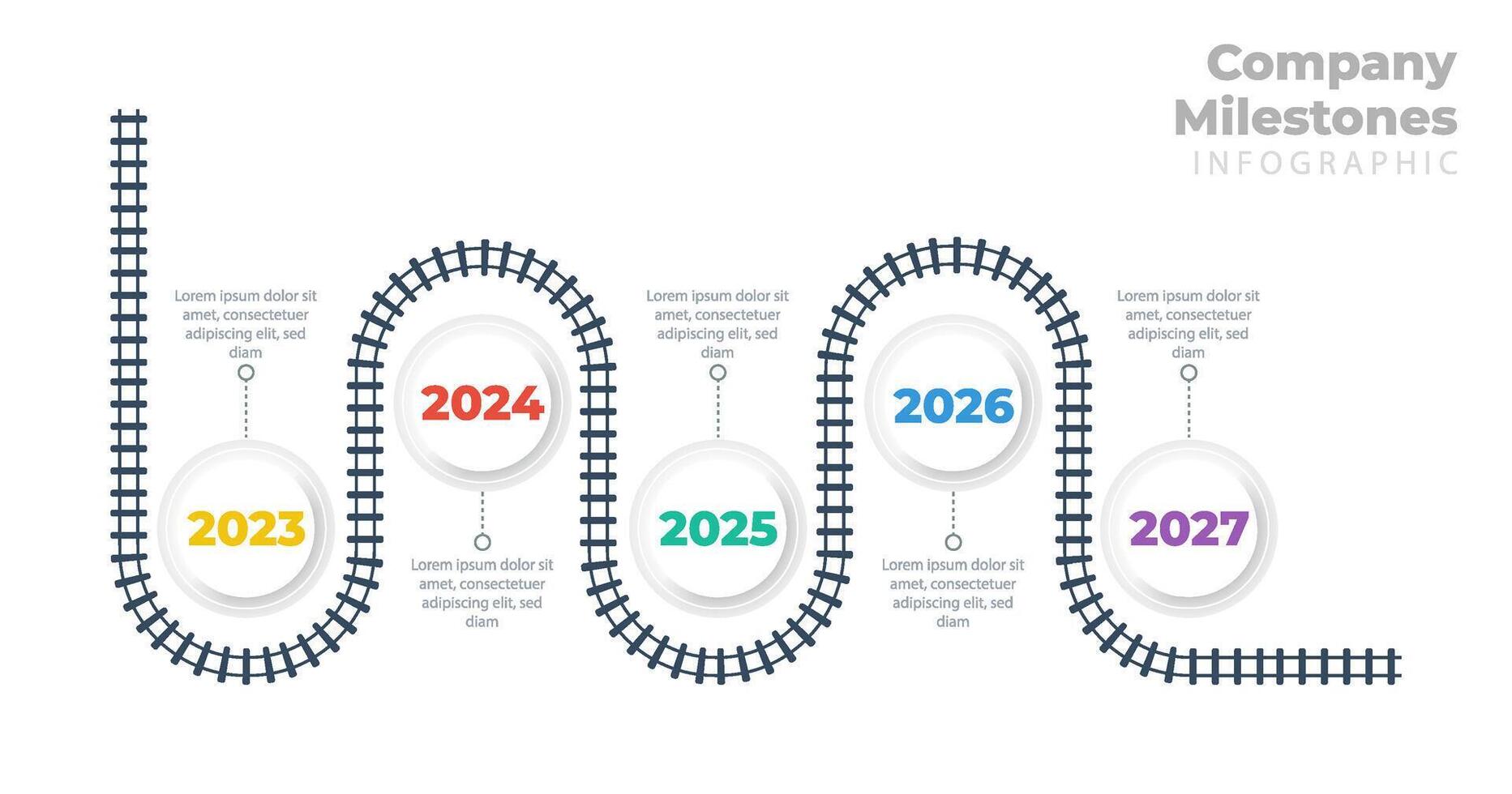 Timeline infographic with five steps and business milestones for process planning or data report. chart with line, time, step, and diagram elements. Modern roadmap layout for project, company vector