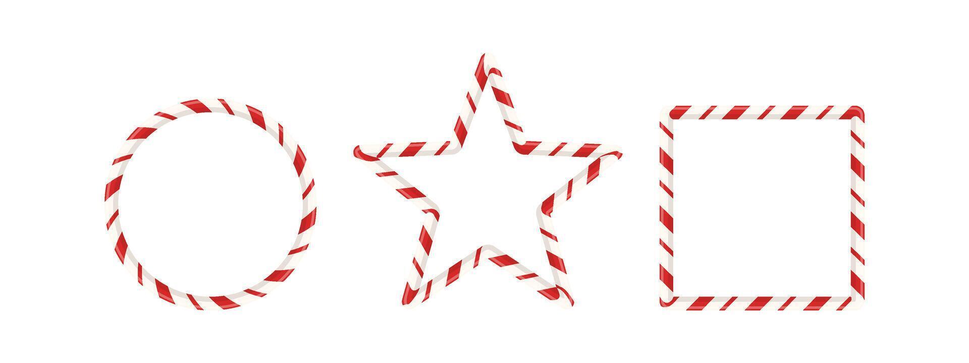 Candy cane frame set with red stripe pattern for xmas card or holiday photo. 3D border design with sweet oval, star, and rectangle shape. banner. vector