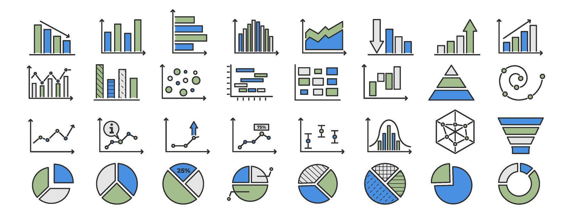 Business chart icon set with graph, statistic, line and bar diagram for finance or analysis. Pie graphics with horizontal and donut layout for data growth. report for trend or economy by vector