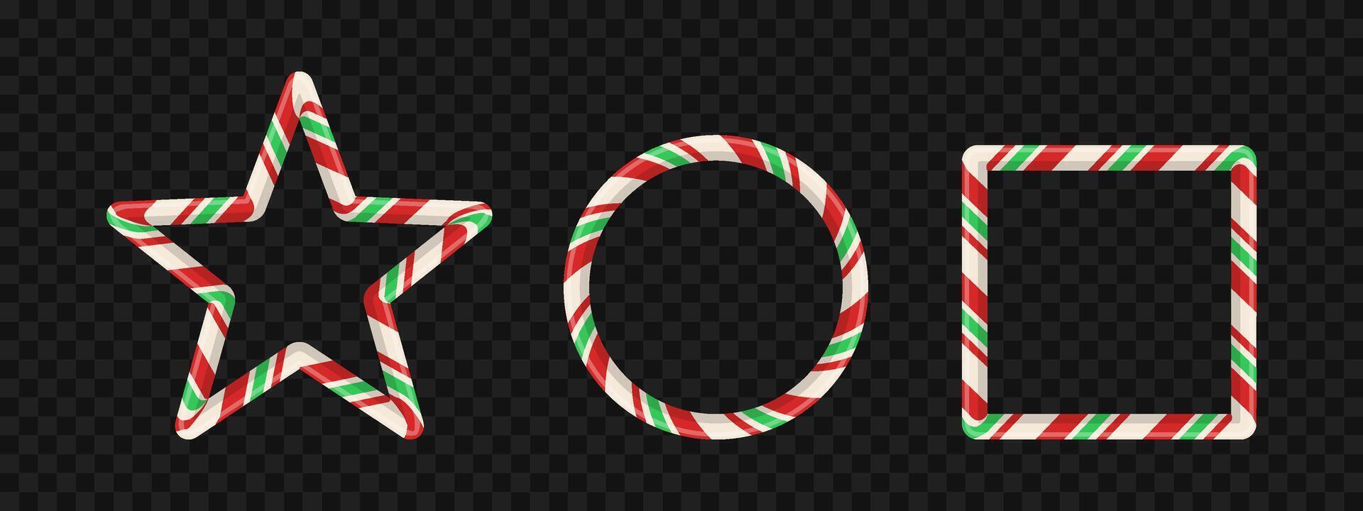 Candy cane frame set with red and green stripe pattern for xmas card or holiday photo. 3D border design with sweet oval, star, and rectangle shape. banner. vector