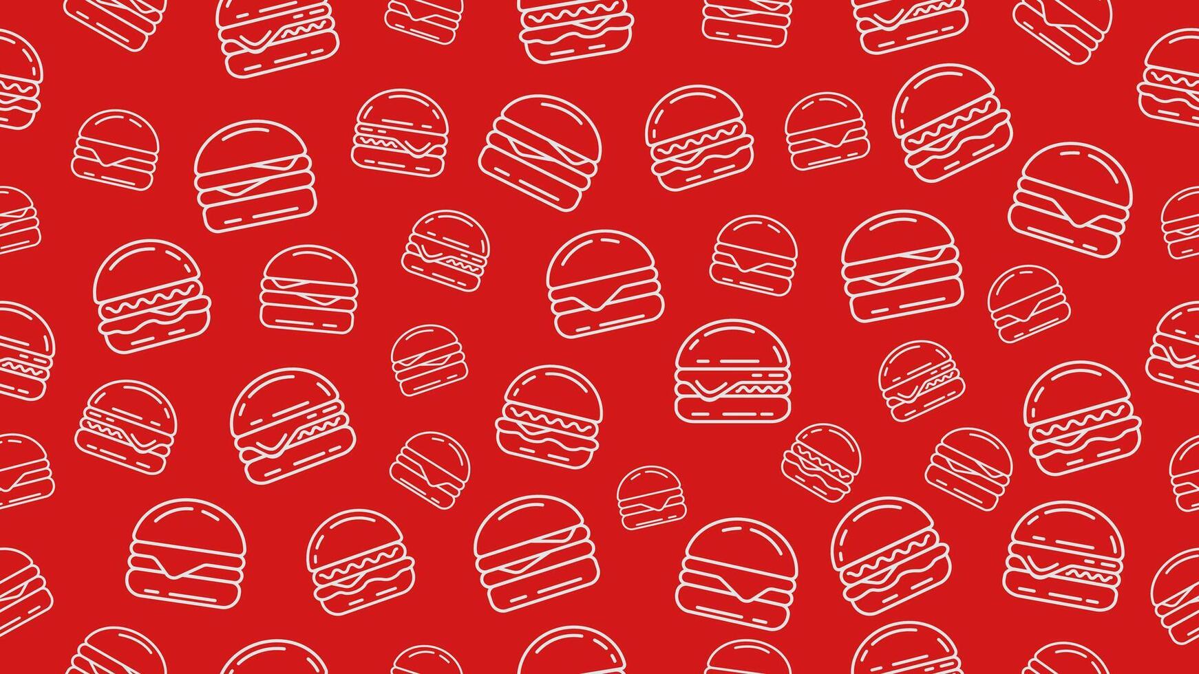 Red hamburger background. Seamless pattern of burger doodle line art. Packaging, wrapper, banner, wallpaper vector