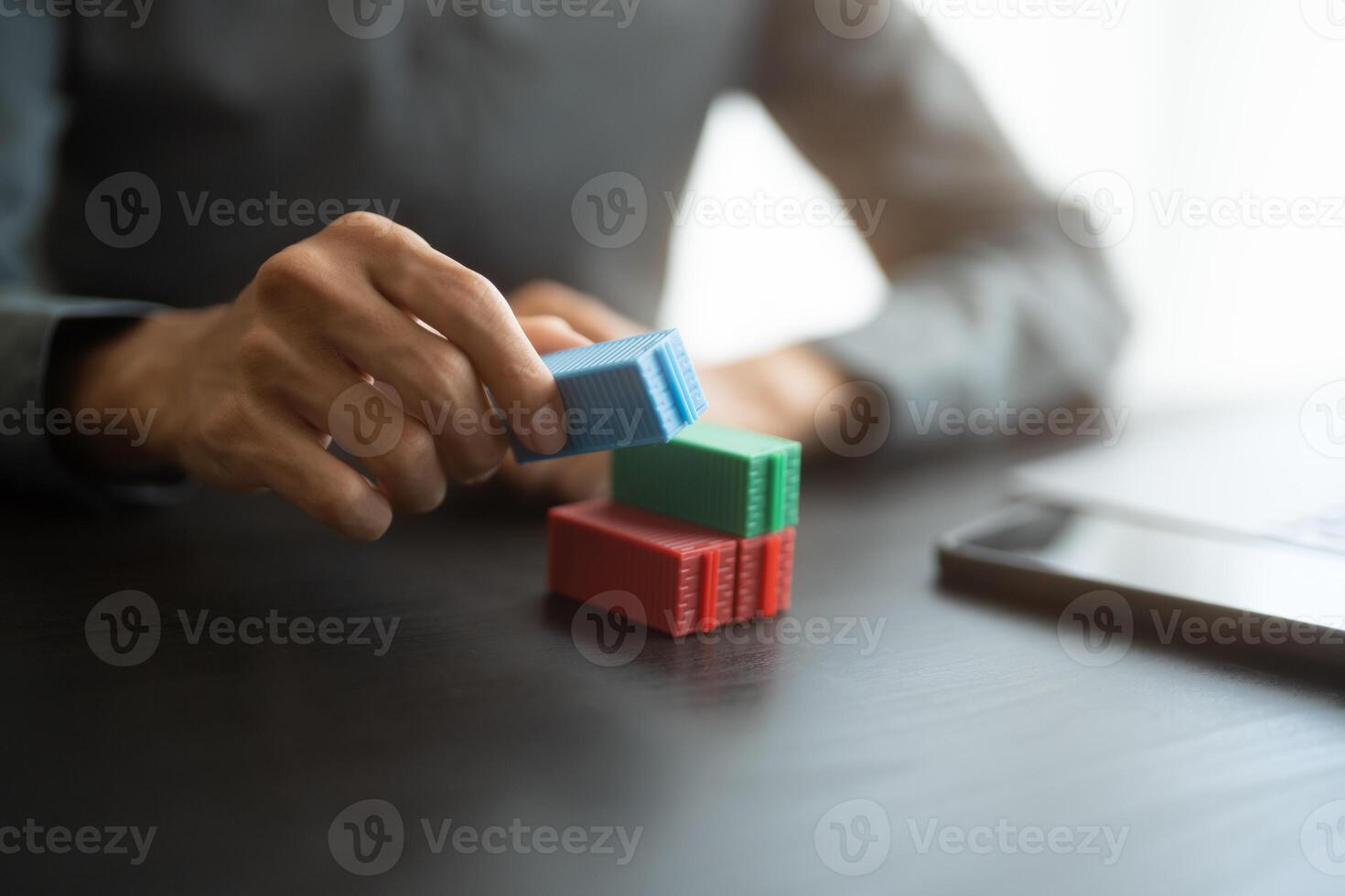 Global Shipping Business cargo containers, businessman at table photo