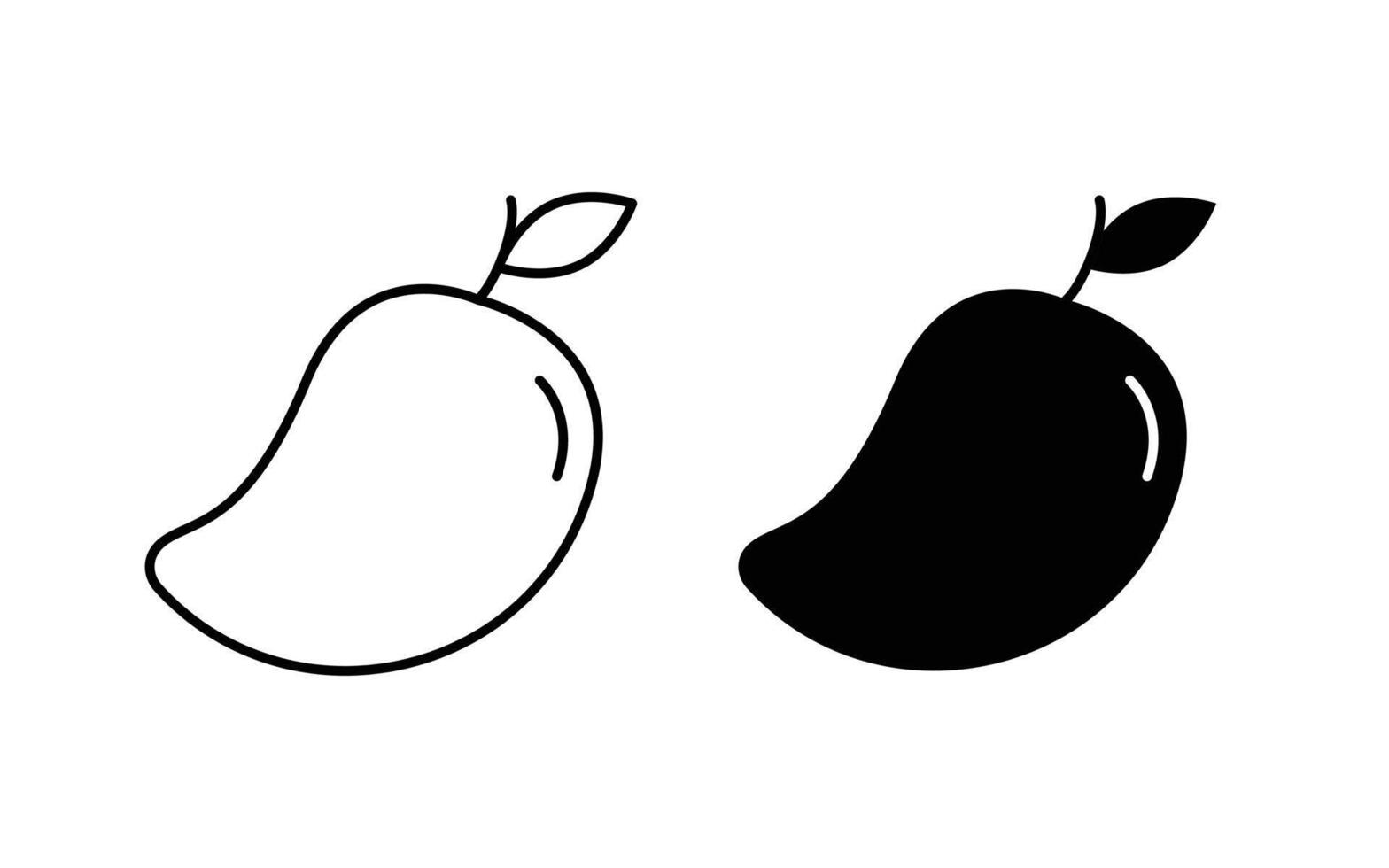 Mango fruit Icon set. black feel and outline symbol. mango with leaves., Fruits illustration. vector