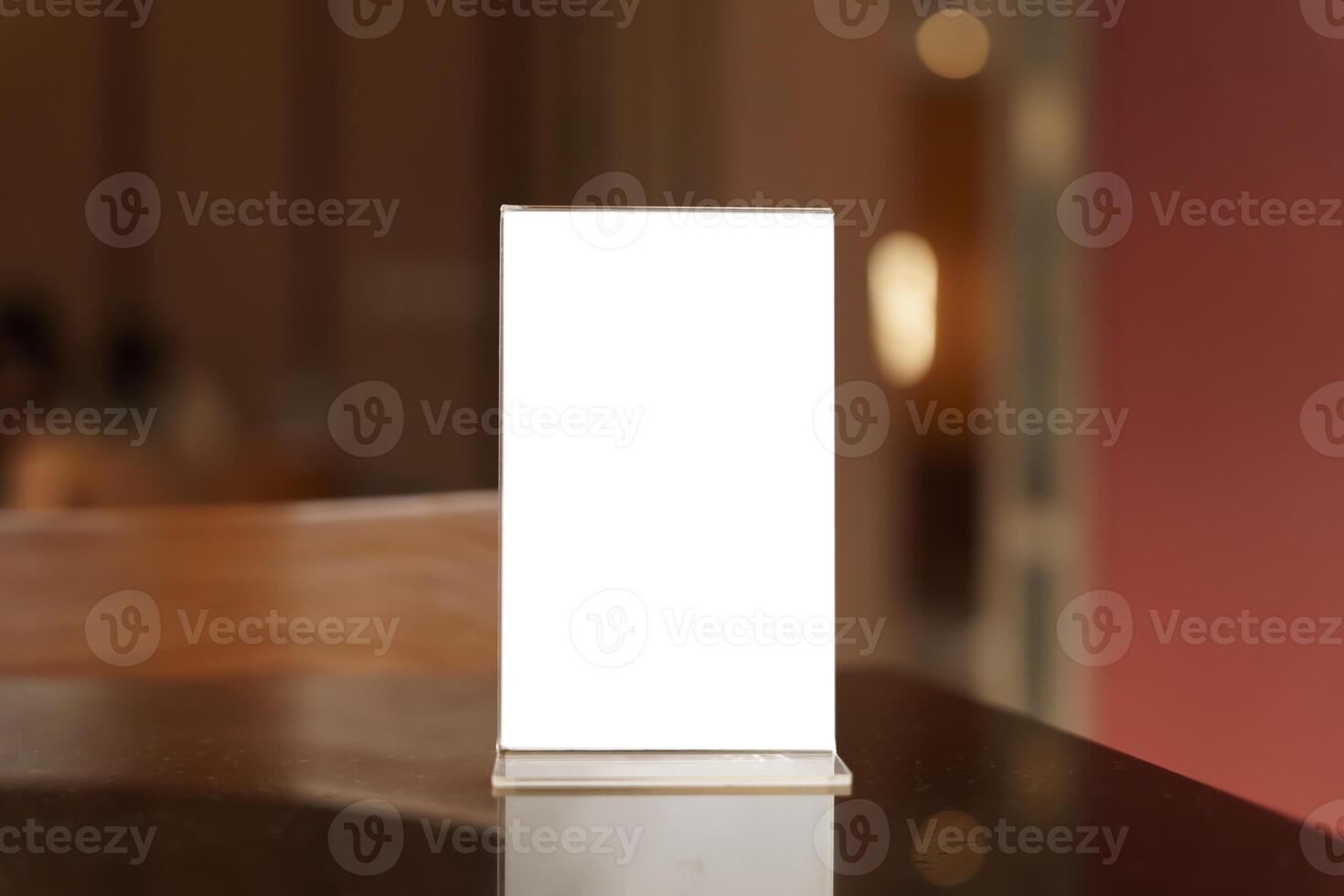 blank white menu mock up on table in restaurant. photo