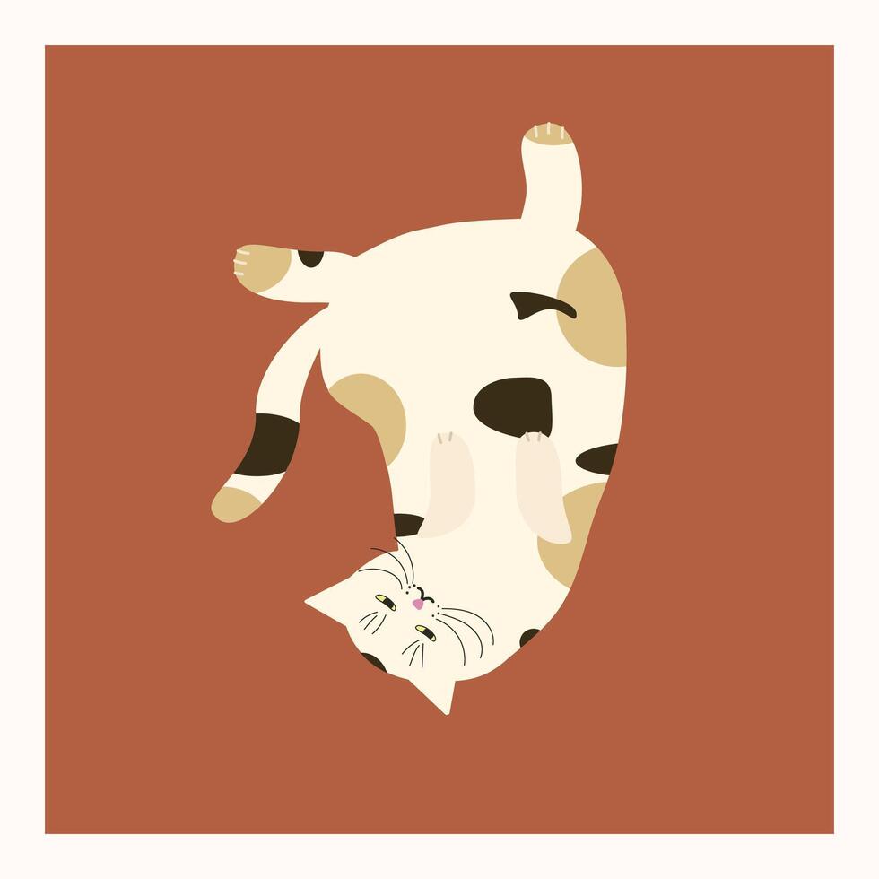 Playful cat in humorous pose on warm brick background. Whimsical illustration perfect for pet-themed products, social content, and home decor. vector