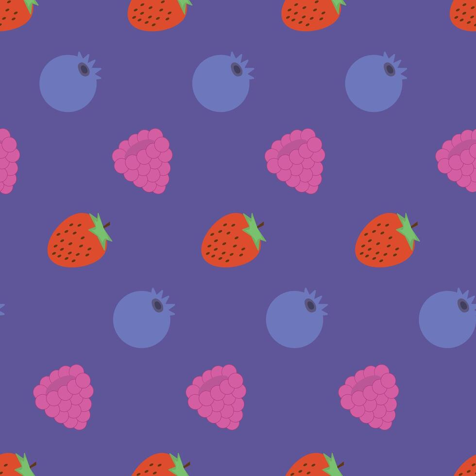 Juicy berry pattern with strawberries, raspberries and blueberries. Vibrant summer design for food packaging, menus, and fresh product branding. vector