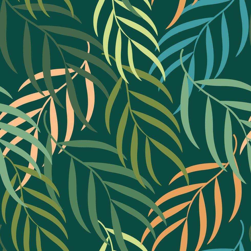 Seamless tropical leaf pattern in green and yellow tones. Hand-drawn doodle style with layered foliage on deep green background, ideal for nature-inspired designs. vector