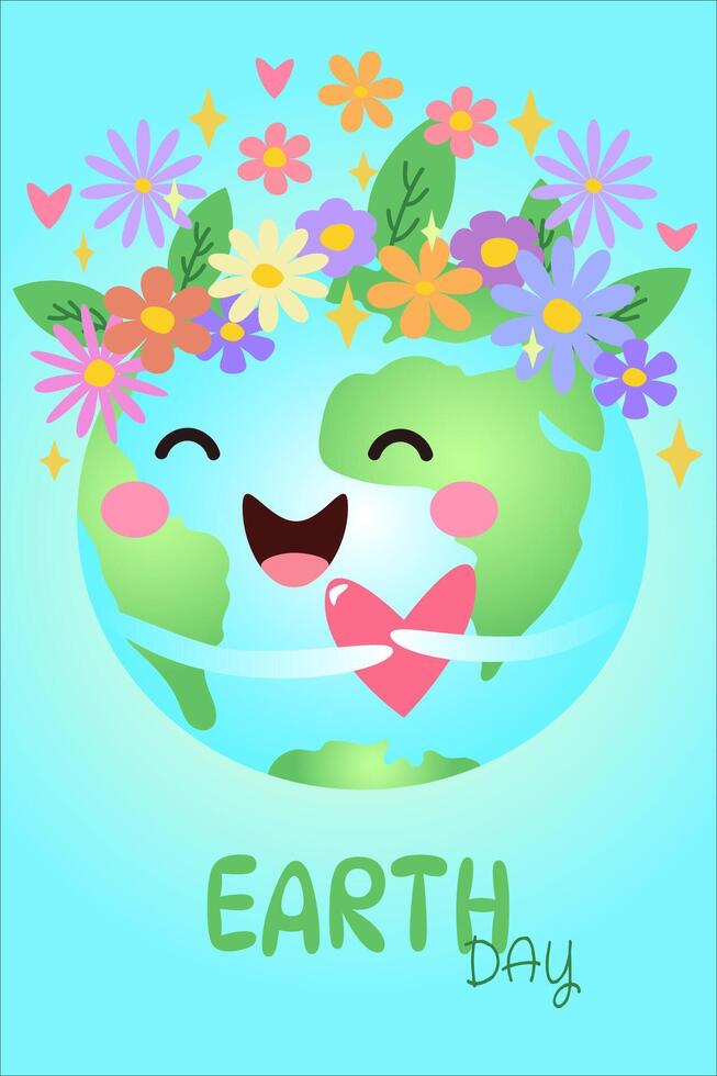 Cartoon Earth Day design with flowers and hearts. Ideal for environmental campaigns, school projects, and spring celebrations. vector