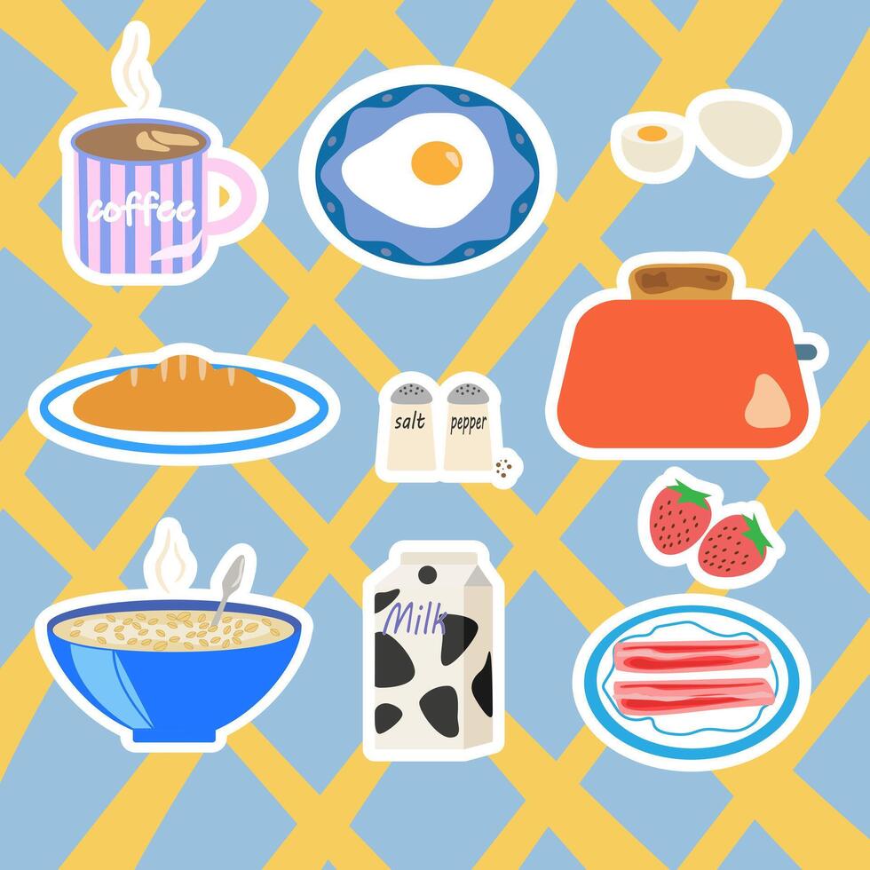 Playful breakfast illustrations in white outlines. Vibrant yellow-blue backdrop for food packaging and restaurant graphics. vector