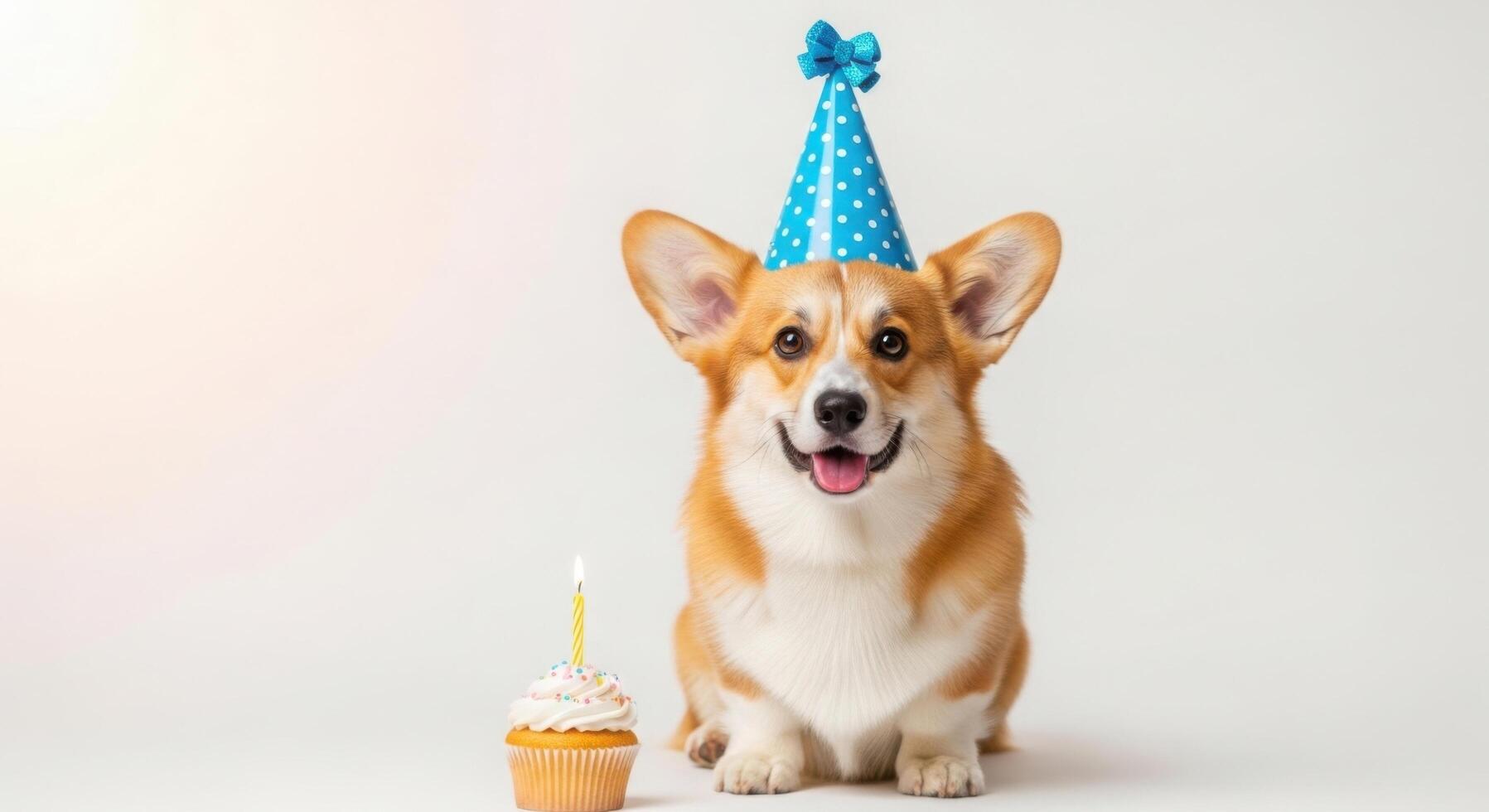 Adorable corgi puppy wearing a blue party hat with a birthday cupcake perfect for pet birthday cards and websites photo