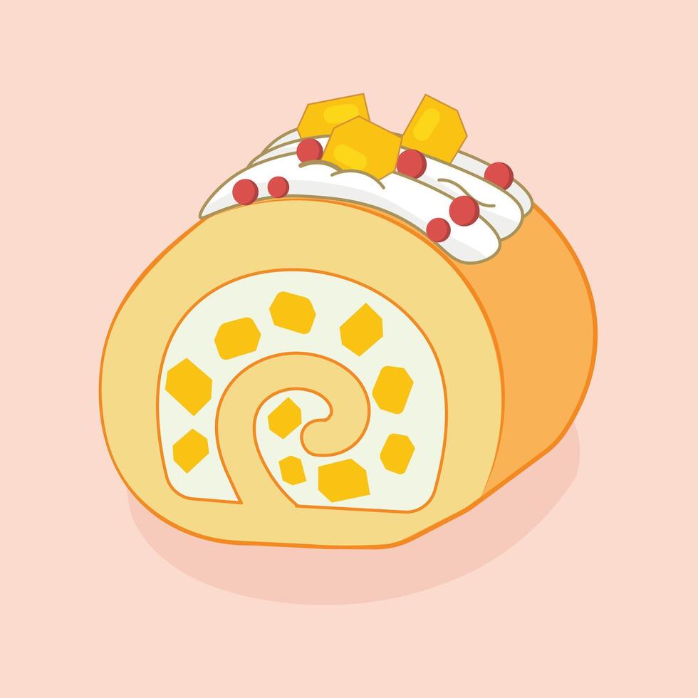 Mango Swiss Roll Cake Illustration Cute Dessert with Whipped Cream and Red Berries vector