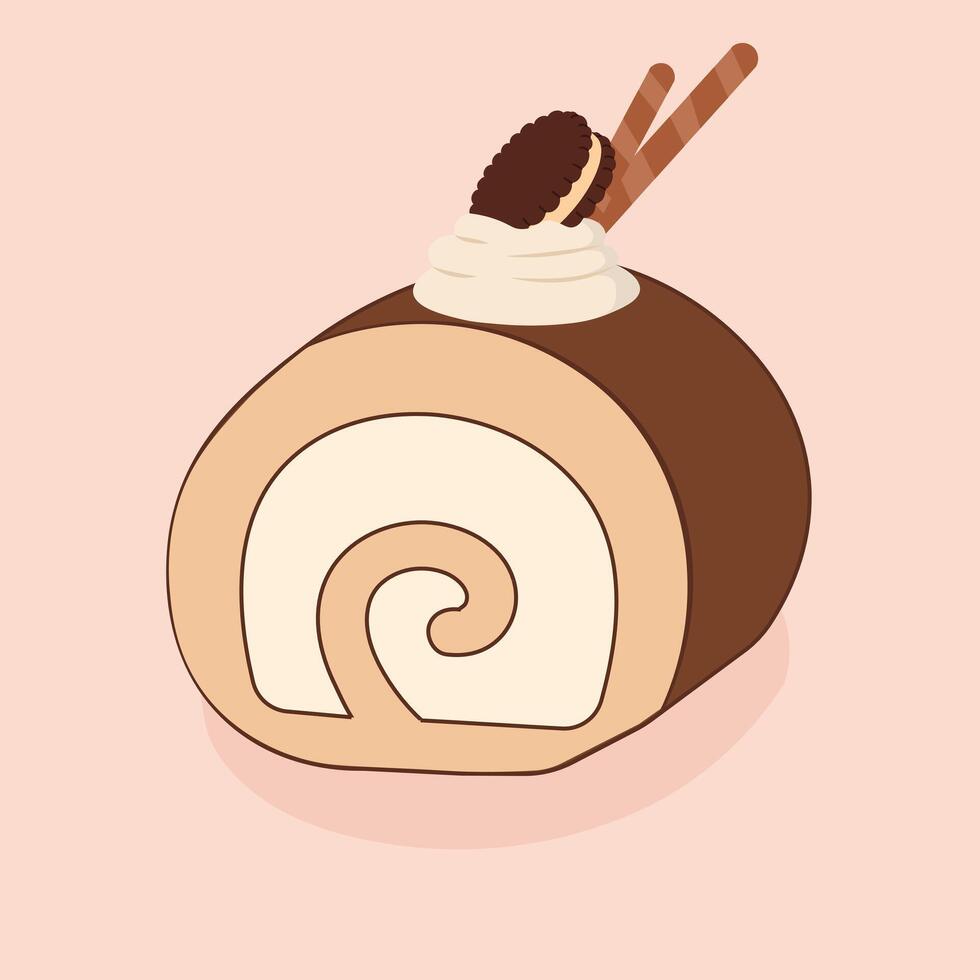 Tiramisu Swiss Roll Cake Illustration with Cream and Cookie Topping vector