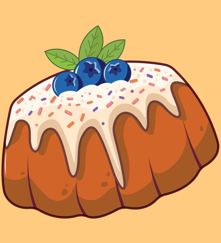 Bundt Cake with icing and blueberries, flat Illustration, Food Icon Concept vector