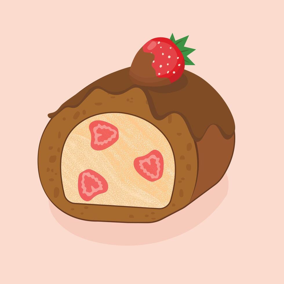 Strawberry Swiss Roll Cake Illustration Cute Chocolate Dessert with Strawberry Topping vector