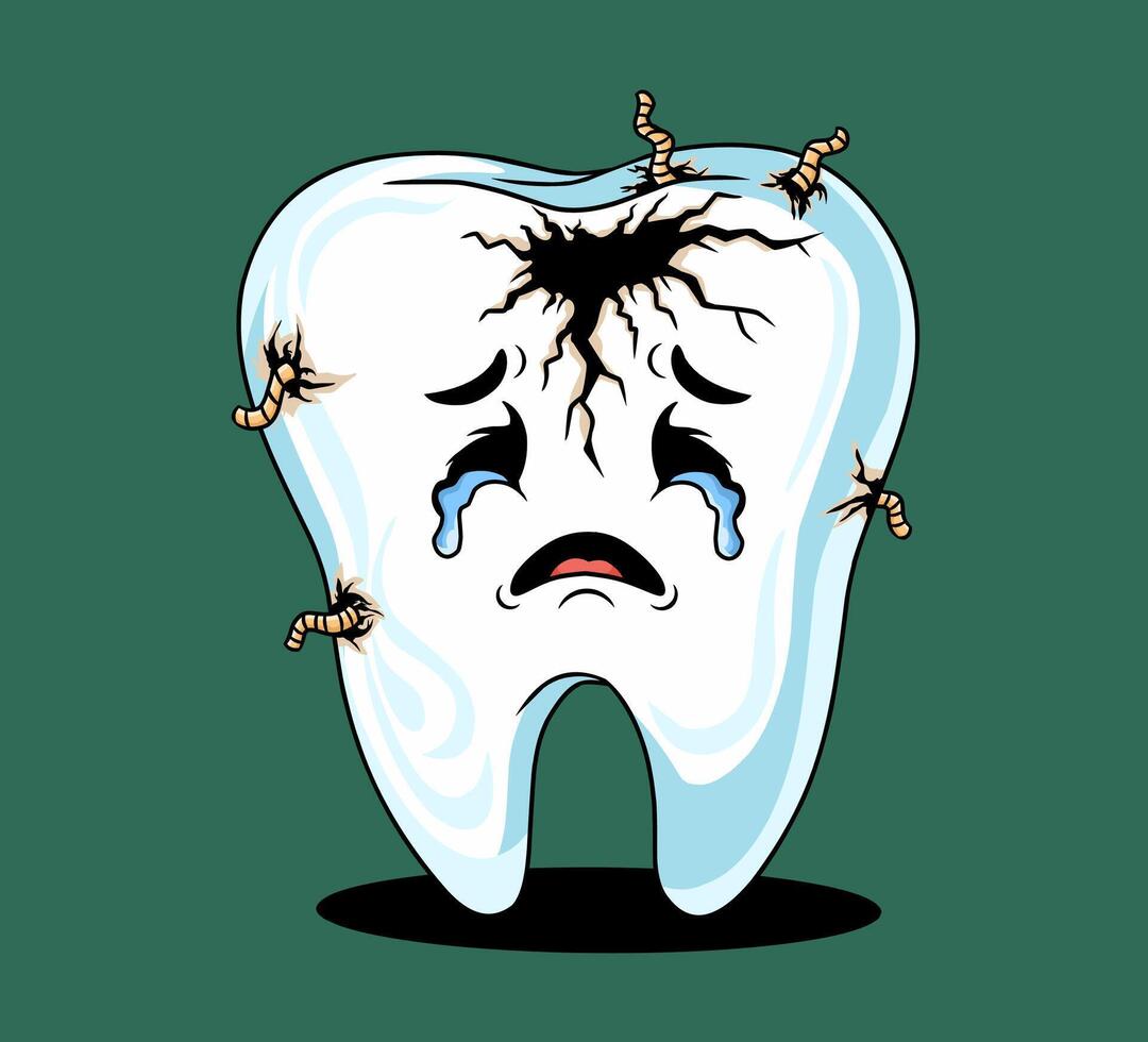 Cartoon tooth with cracks and bugs vector