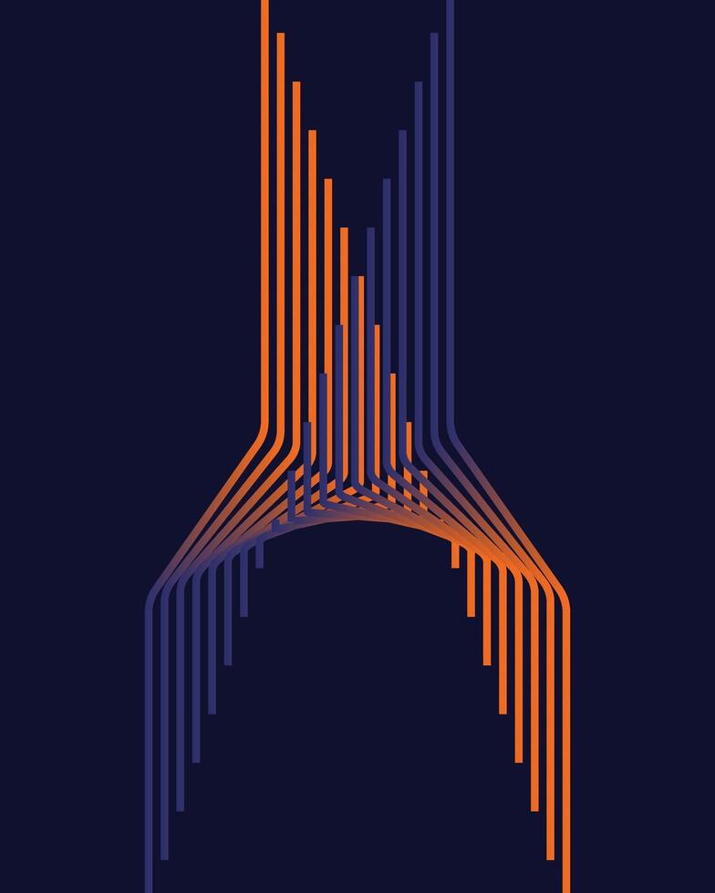 A mixed line design with a combination of orange and purple colors forms an abstract tower. vector