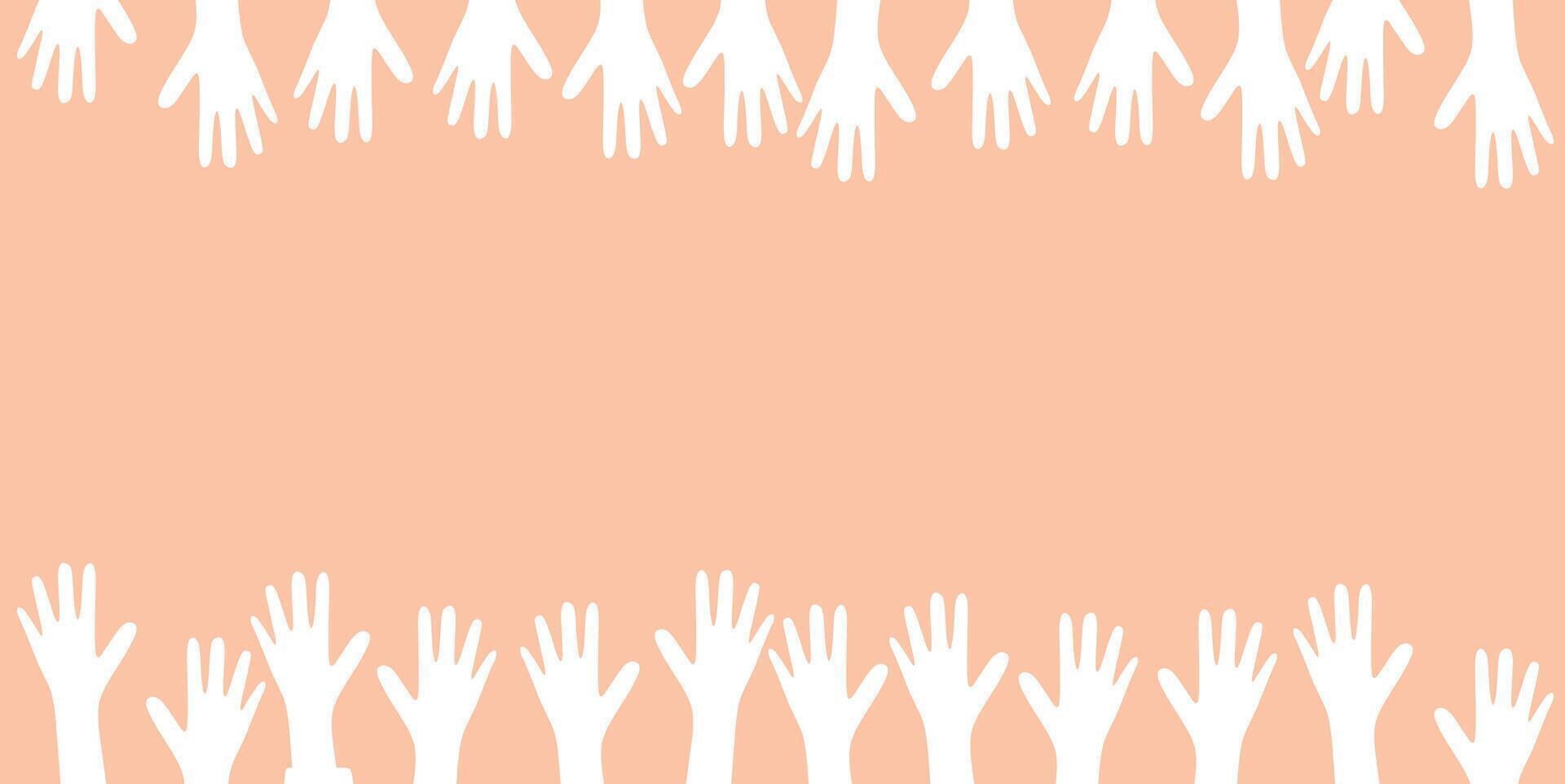 Many hands reaching up on a pink background vector