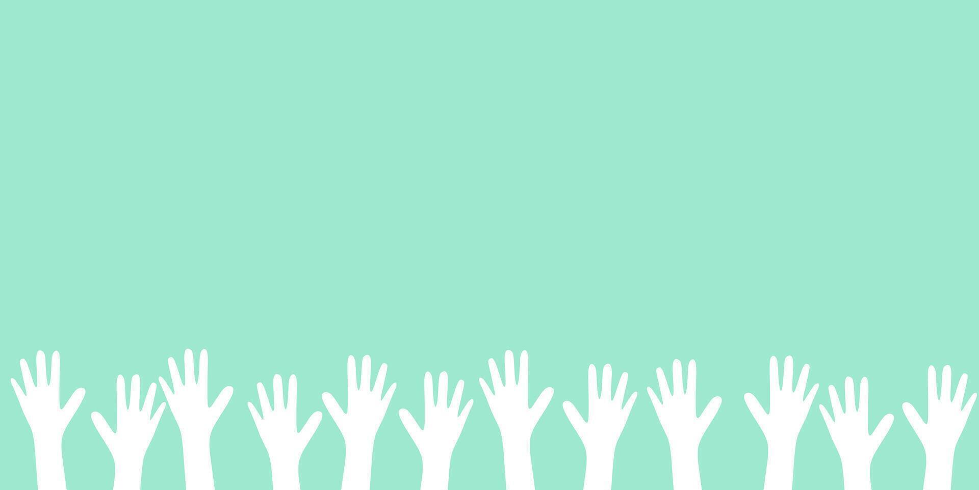 Many hands raised up in the air on a green background vector