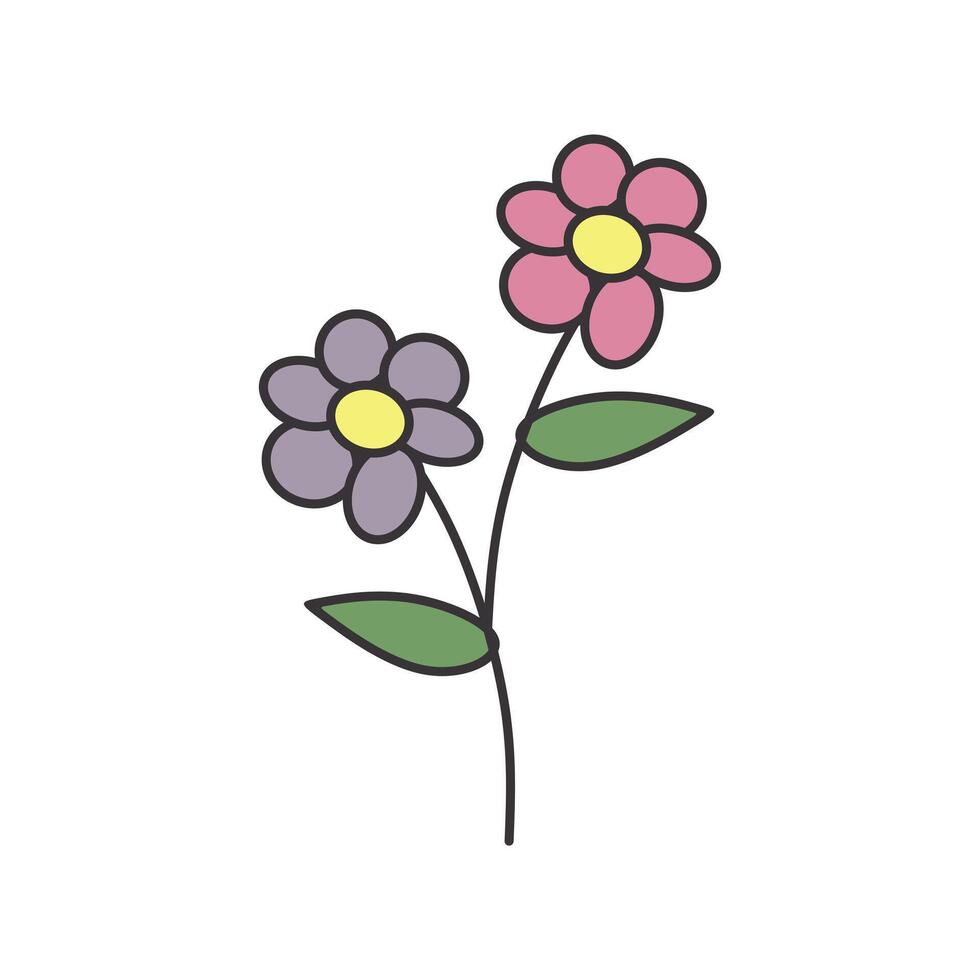 cute floral elements with soft colors and outlines. flowers, leaves, stems vector