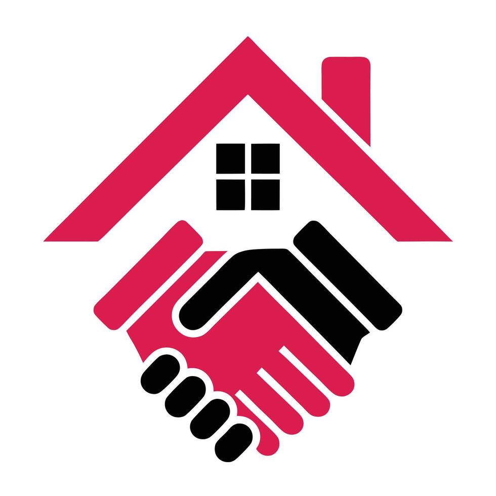 Red and black house symbol with handshake home roof vector