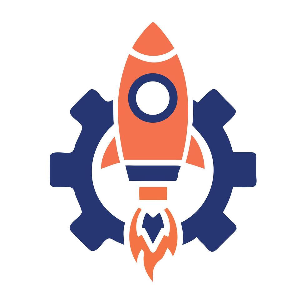 Orange rocket ship launching from blue gear with white background engine fire vector