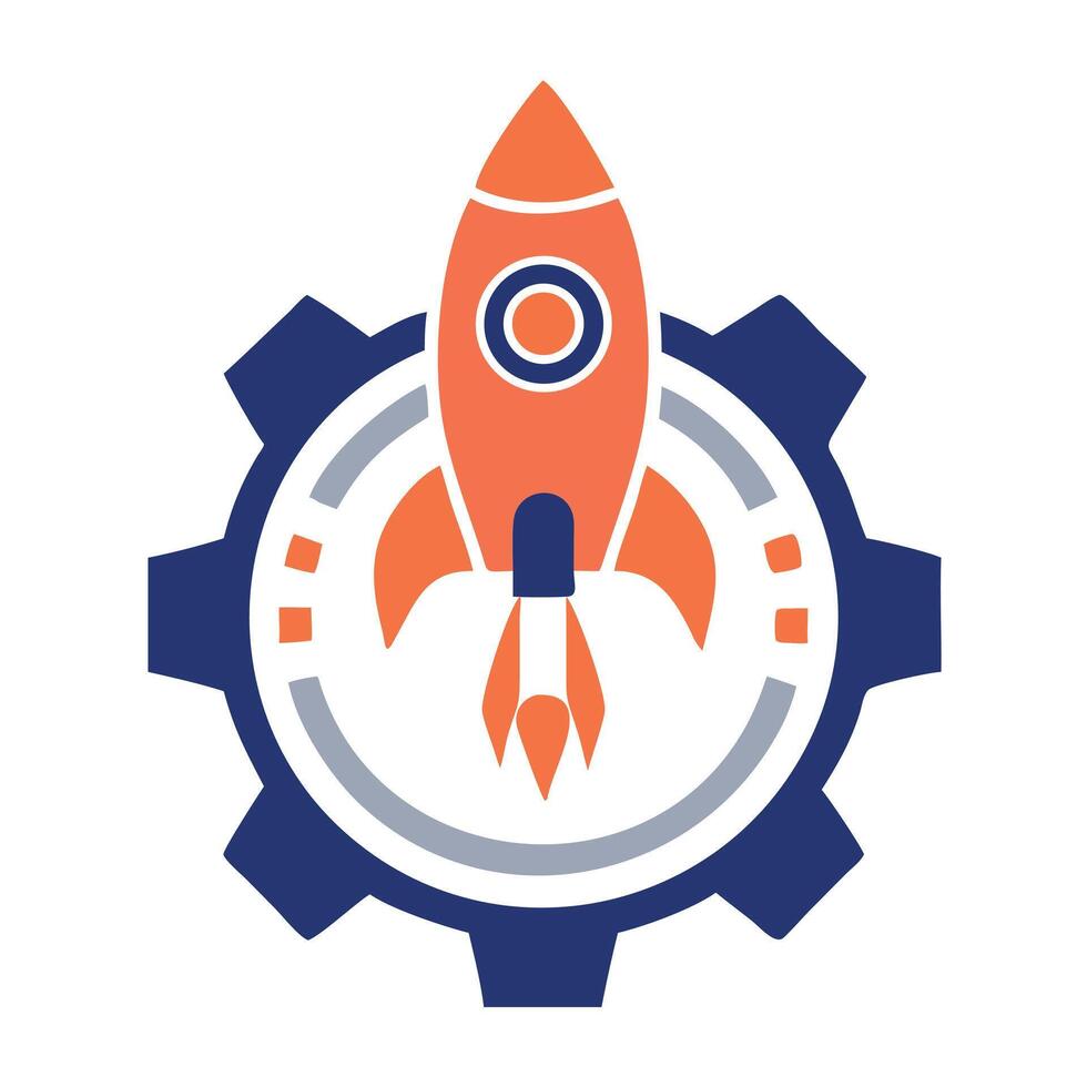 Orange rocket launching from blue gear with grey accents space engine vector