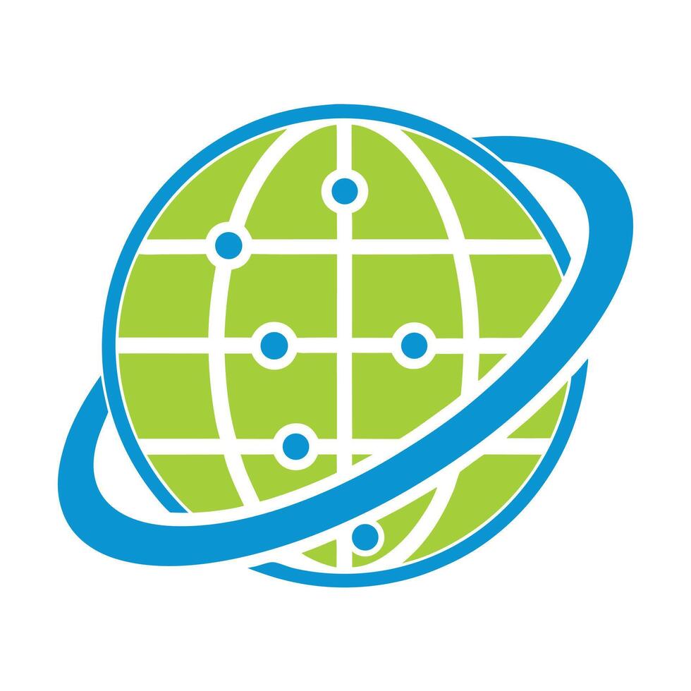 Green globe with blue orbital ring and network nodes connection technology vector