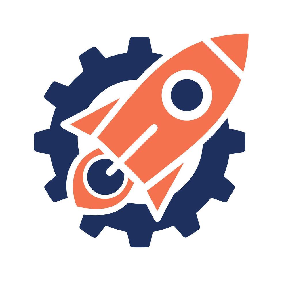 Orange rocket launching from dark blue gear engine space vector