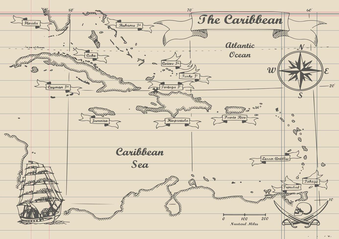 The Caribbean map Art Illustration vector