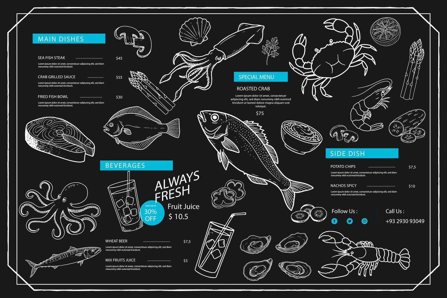 Seafood menu with a fish theme consisting of clear and simple lines on a black background. vector