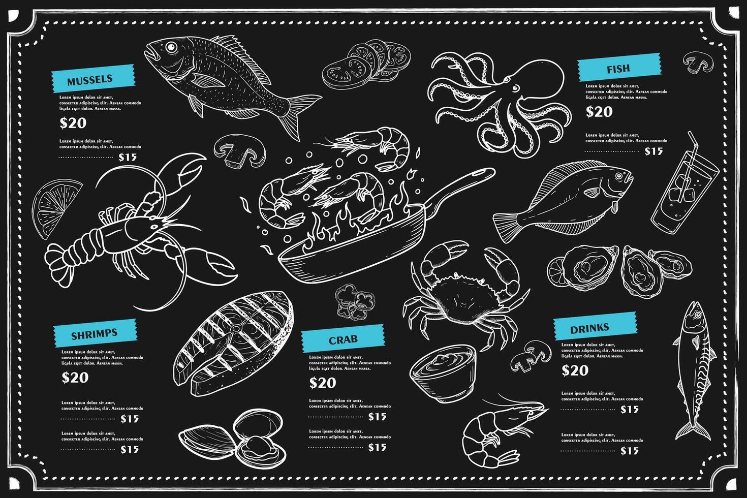 Hand-drawn isolated menu. Fried shrimps, fish varieties and calamari are integrated with the black background. vector