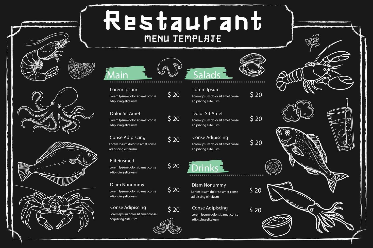 SSeafood menu created with clear lines on a black background. In format. vector